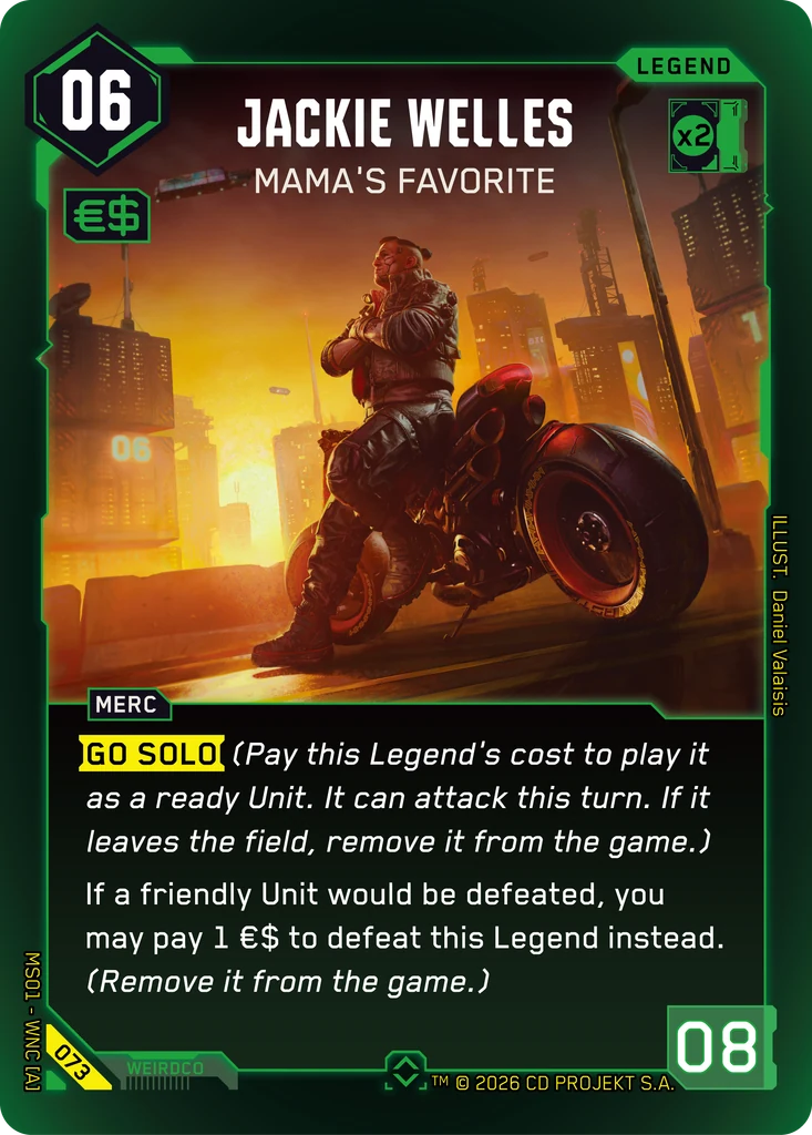 Cyberpunk TCG - Jackie Welles: Mama's Favorite, gruene Legend aus Welcome to Night City (Quelle: offizielle Kartendatenbank cyberpunktcg.com / netdeck.gg)
