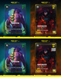 Cyberpunk TCG - Night City Showdown Preisstaffel: Alt-Art Sandevistan und Adam Smasher: Metal Over Meat (Quelle: WeirdCo / cyberpunktcg.com)
