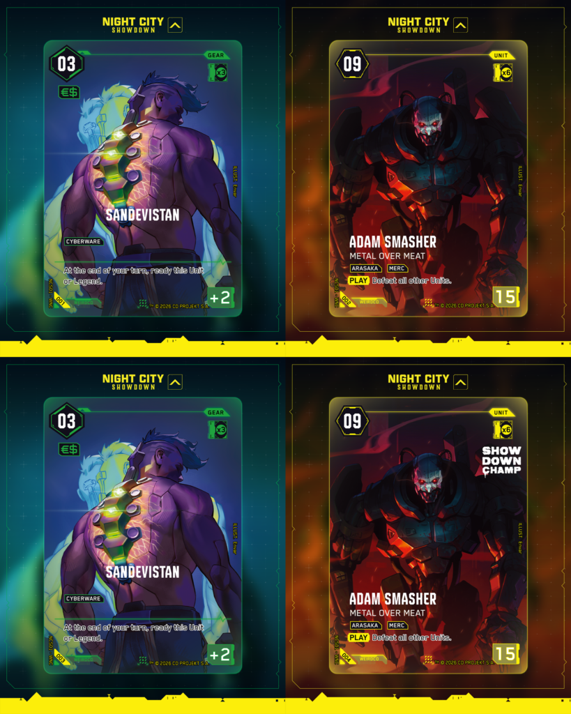 Cyberpunk TCG - Night City Showdown Preisstaffel: Alt-Art Sandevistan und Adam Smasher: Metal Over Meat (Quelle: WeirdCo / cyberpunktcg.com)