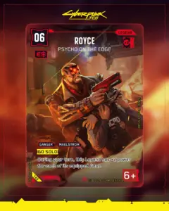 Cyberpunk TCG - Royce: Psycho On The Edge als Retail Iconic Rare, illustriert von Pandart Studio (Quelle: WeirdCo via Bluesky)