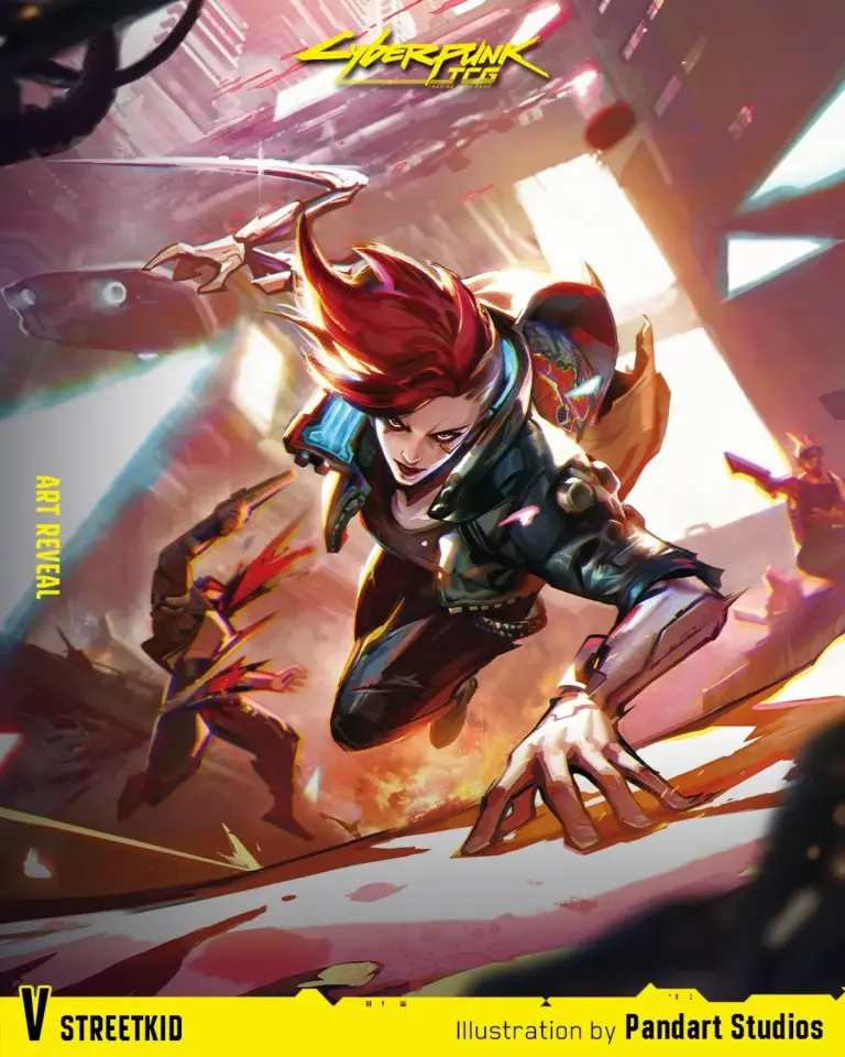 Cyberpunk TCG - V: Streetkid Retail Iconic Rare, illustriert von Pandart Studio (Quelle: offizieller Bluesky-Account cyberpunktcg)