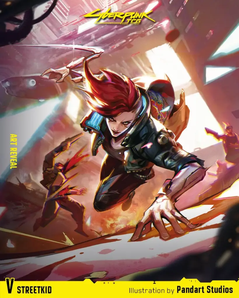 Cyberpunk TCG - V: Streetkid Retail Iconic Rare, illustriert von Pandart Studio (Quelle: offizieller Bluesky-Account cyberpunktcg)