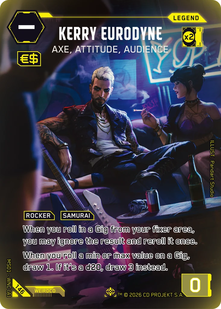 Cyberpunk TCG - Kerry Eurodyne: Axe, Attitude, Audience, Retail Iconic 146 (Quelle: offizielle Kartendatenbank / WeirdCo)