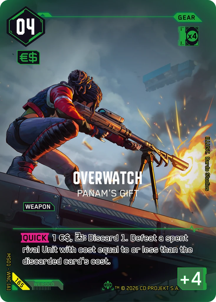 Cyberpunk TCG - Overwatch: Panam's Gift Retail Iconic, Artwork Dardo Studios (Quelle: offizielle Kartendatenbank)
