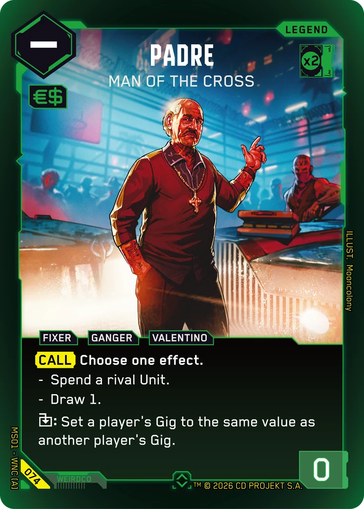 Cyberpunk TCG - Padre: Man of the Cross, Rare-Fassung, Artwork Mooncolony (Quelle: netdeck.gg Kartendatenbank)