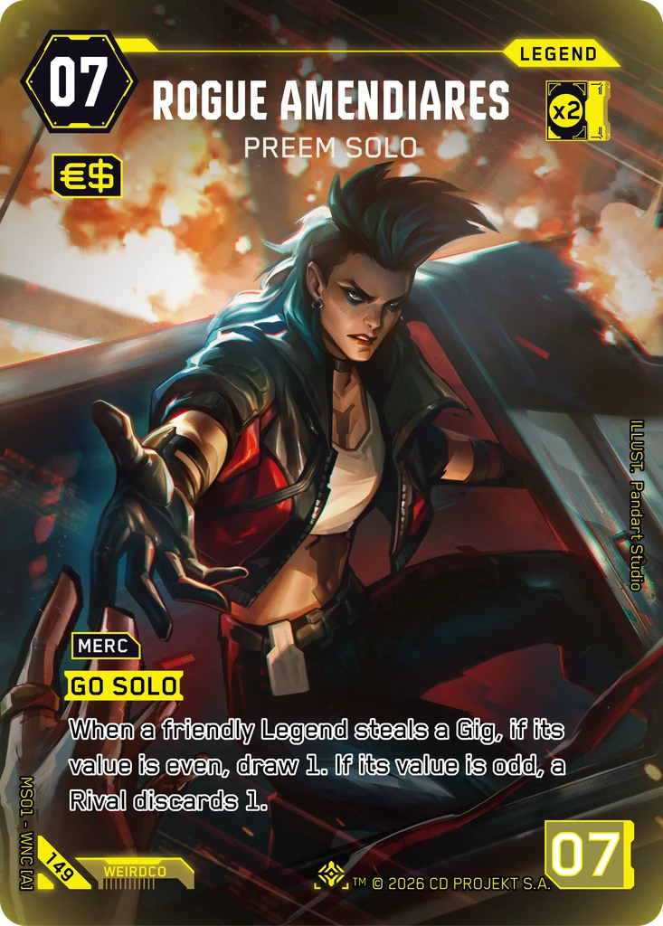 Cyberpunk TCG - Rogue Amendiares Preem Solo, Retail Iconic Rare 149 von Pandart Studio (Quelle: offizielle Kartendatenbank)