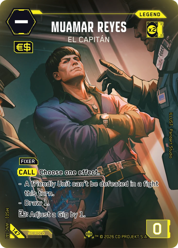 Cyberpunk TCG - Muamar Reyes: El Capitán Retail Iconic Rare, Artwork Pandart Studio (Quelle: offizielle Kartendatenbank)