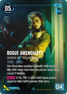 Cyberpunk TCG - Rogue Amendiares: Queen of the Afterlife, Retail Iconic Rare von Dardo Studios (Quelle: WeirdCo Kartendatenbank)