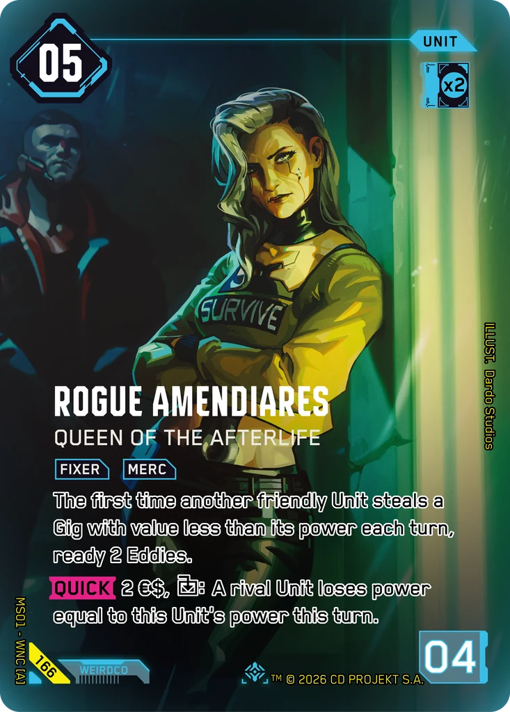 Cyberpunk TCG - Rogue Amendiares: Queen of the Afterlife, Retail Iconic Rare von Dardo Studios (Quelle: WeirdCo Kartendatenbank)