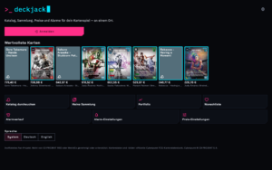 Deckjack-Startseite mit Logo, wertvollsten Karten und Menü