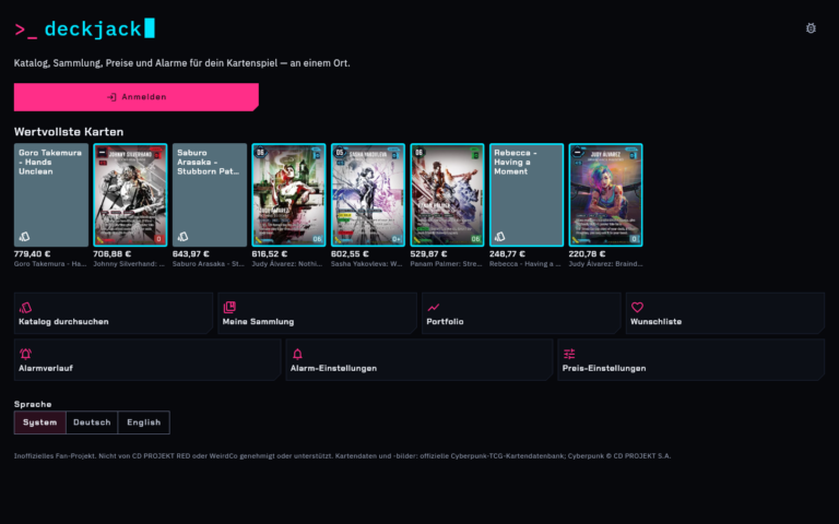 Deckjack-Startseite mit Logo, wertvollsten Karten und Menü